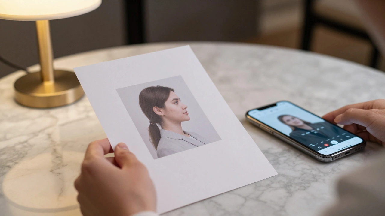 A printed companion profile on marble table beside a smartphone showing a video call, soft lighting.