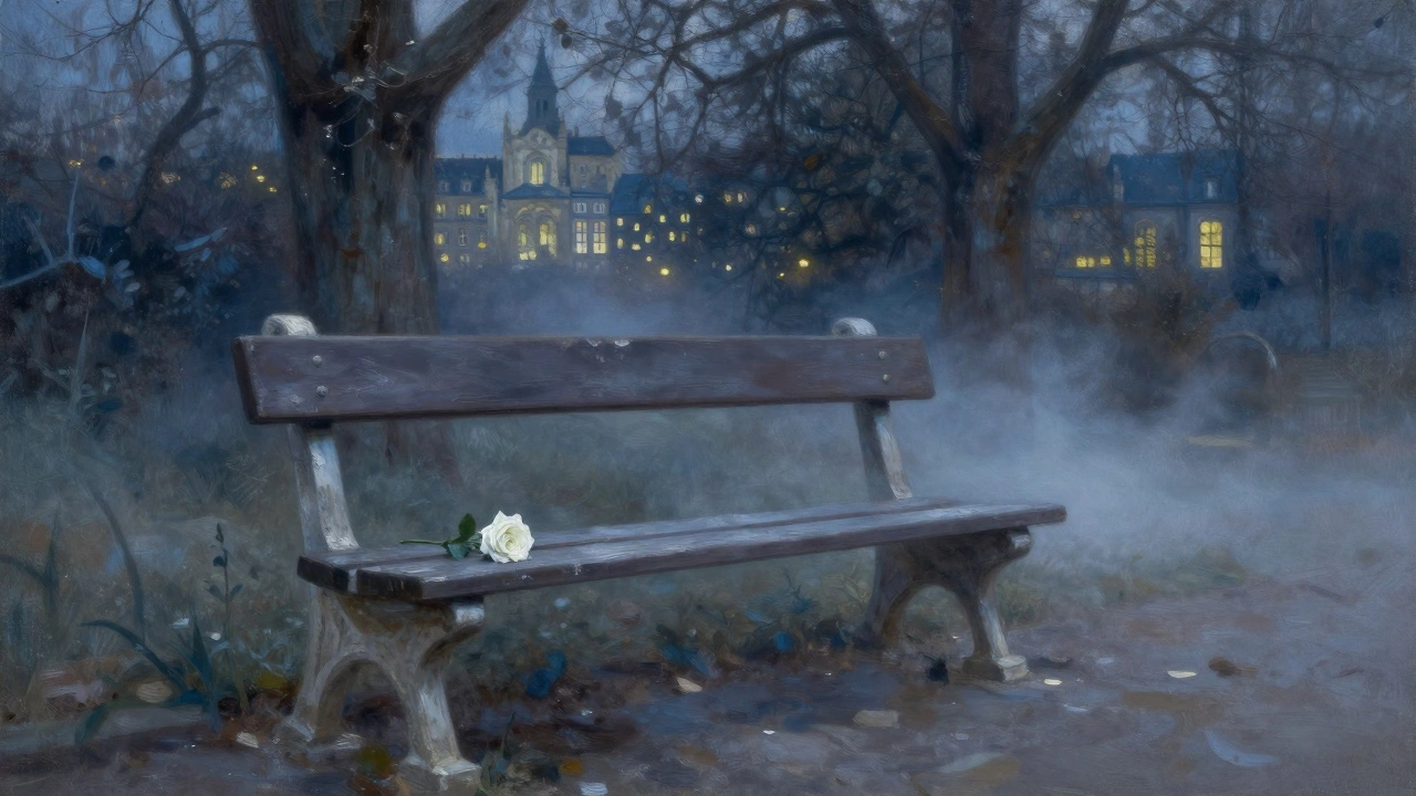 A single white rose on a stone bench at night near an old church, surrounded by mist and faint lights.