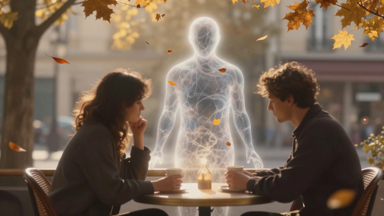A translucent figure made of leaves and light hovers above two strangers sharing silent communion at a café.